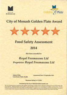 Five-star food safety rating certificate awarded to royal freemasons ltd by the city of monash for the year 2014.