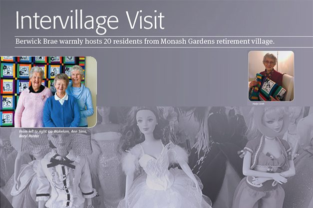 Three smiling women standing next to a display of colorful quilts, with text describing an inter-village visit where a retirement home hosts residents from another village.
