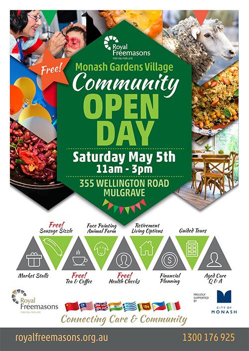 A promotional poster for the monash gardens village community open day event with information about activities, location, and contact details.