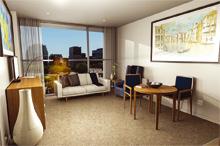 Modern living room with a sofa, chairs, and a balcony view.