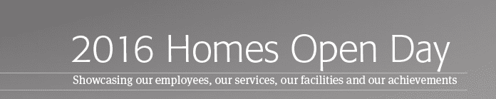Banner for "2016 homes open day" event showcasing employees, services, facilities, and achievements.