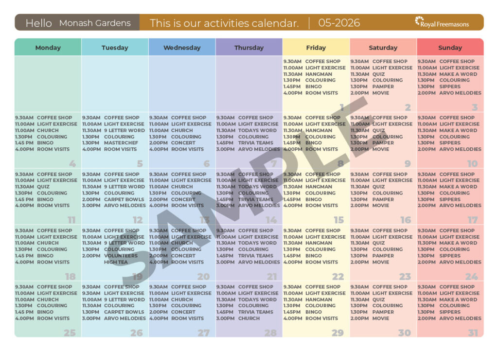 RF Activities calendar sample monthly
