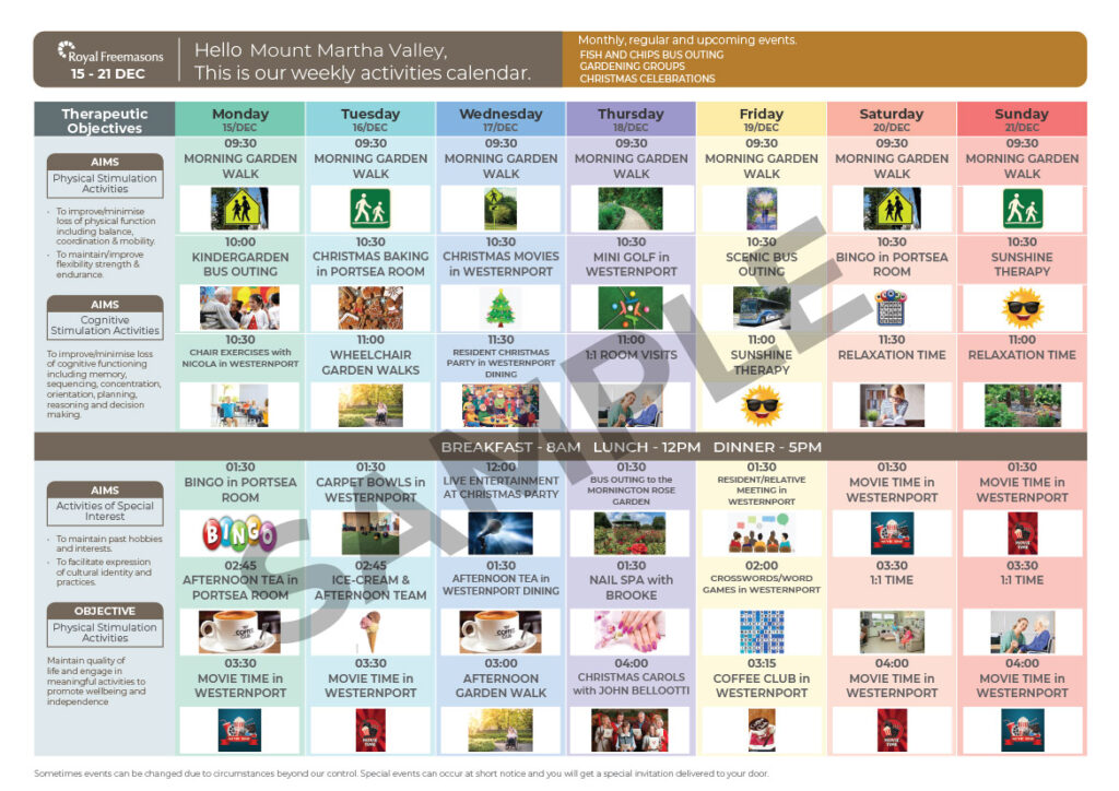 RF Activities calendar sample weekly